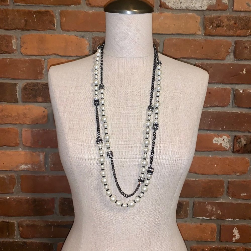 White House Black Market Hematite And Faux Pearl Double Chain Necklace